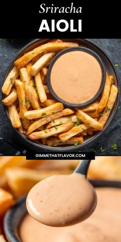 french fries with dipping sauce in the middle and an image of a bowl full of dip