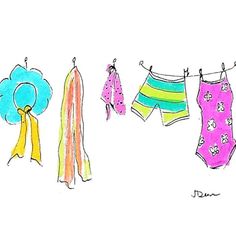 three children's swimsuits hanging on clothesline with hats and scarves