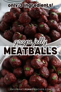 two bowls filled with meatballs and the words grape jelly meatballs on top of them