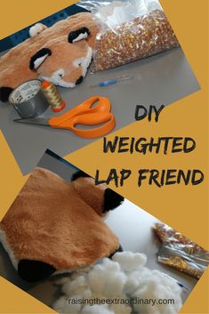 a collage of pictures with the words diy weighted lap friend and stuffed animals