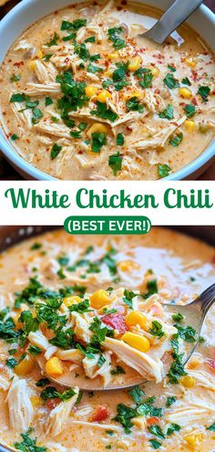 white chicken chili soup in a bowl with a spoon full of it and the title below