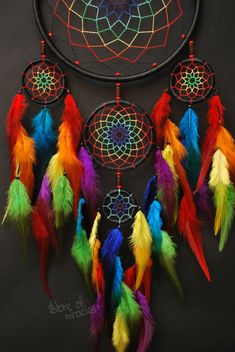 a multicolored dream catcher on a black background