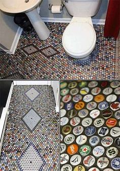 a bathroom floor covered in buttons and stickers