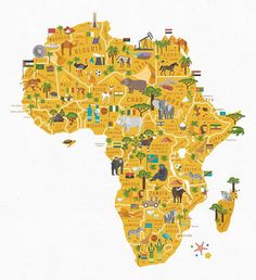 an illustrated map of africa with animals and other things on it's side in yellow