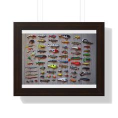 an image of fishing lures displayed in a wooden frame on the wall with hanging hooks