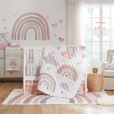 Our Over the Rainbow crib set comes from your pink nusery dreams! From fun wall decals to a dreamy crib mobile–it has it all! Boho Rainbow Rug, Rainbow Nursery Theme, Rainbow Baby Room, Rainbow Themed Nursery, Rainbow Baby Nursery, Twins Nursery, Nursery Idea, Rainbow Wall Decal