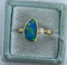 Luxury Yellow Gold Opal Ring With Bezel Setting, Dainty Opal Ring, Yellow Gold Opal Ring, Gold Opal Ring, Opal And Diamond Ring, Opal Jewellery, Opal Diamond Ring, Natural Opal Ring, Blue Opal Ring