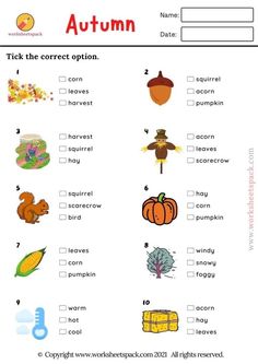 an autumn worksheet with words and pictures