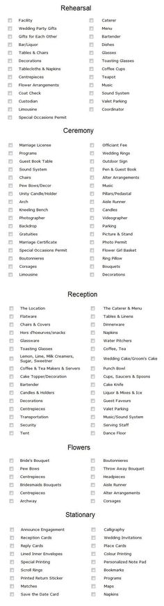 the wedding ceremony checklist is shown in black and white, with red lettering on it