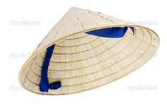 a bamboo hat with blue ribbon hanging from it's side, on a white background