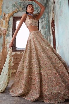 Shop for Tamanna Punjabi Kapoor Green Georgette Resham And Mirror Embroidered Lehenga Set for Women Online at Aza Fashions Designer Bridal Lehenga, Net Lehenga, Red Lehenga, Embroidered Lehenga, Indian Lehenga, Indian Couture, Wedding Lehenga, Indian Wedding Outfits, Lehenga Designs