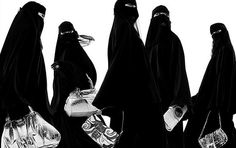 four women dressed in black carrying purses and handbags, all wearing hijabs