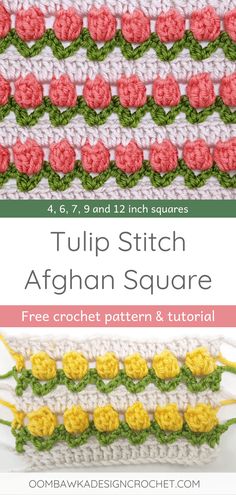 the tulip stitch afghan square is shown with text that reads tulip stitch afghan square free crochet pattern and video