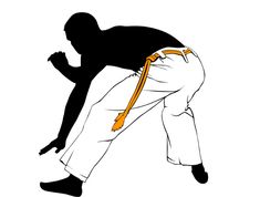 the silhouette of a man in white pants and an orange tie is bent over his knees