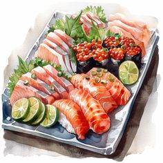 a watercolor painting of sushi on a plate with limes and garnishes