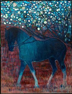 a painting of a blue horse standing in front of a tree with white flowers on it