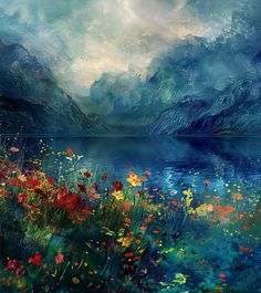 a painting of flowers and mountains by the water