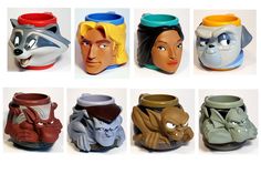 six different disney mugs with faces on them