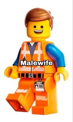 a lego man with an orange vest and blue shirt on, has the words malewife in front of him