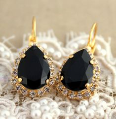 Black Drop earrings Black and Gold Dangle Earrings Swarovski by iloniti Black Teardrop Drop Earrings For Party, Black Drop Teardrop Earrings For Party, Black Teardrop Earrings For Party, Classic Black Earrings For Wedding, Black Diamond Earrings For Gift, Classic Black Wedding Earrings, Black Teardrop Jewelry With Matching Earrings, Elegant Black Teardrop Earrings For Parties, Elegant Black Drop Jewelry