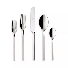 four forks, two spoons and one knife on a white surface