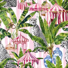 a pink and white wallpaper with cheetah, zebras, and birdcages