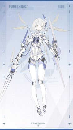 an anime character is holding two swords and posing in front of a blueprint background