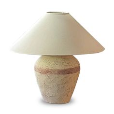 a table lamp with a white shade on it's base and a brown stripe around the bottom