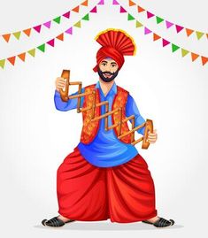 a man dressed in red and blue holding two wooden sticks with the words happy diwali written on it