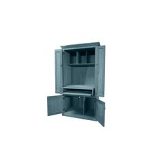 an open cabinet with two doors on each side