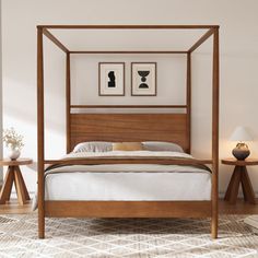 a bedroom with a bed, nightstands and pictures on the wall above it that are framed in wood