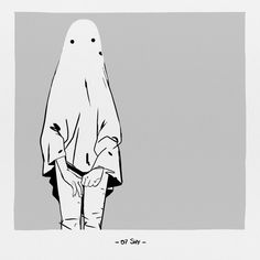 a black and white drawing of a person in a ghost costume with hands on their hips