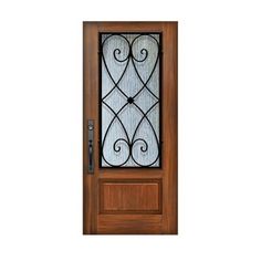 a wooden door with glass and wrought iron