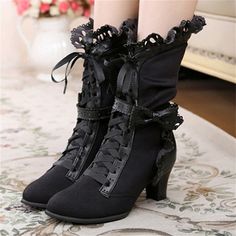 Category:Boots; Upper Materials:Faux Leather; Embellishment:Lace-up; Season:Fall,Winter; Heel Type:Block Heel; Gender:Women's; Toe Shape:Round Toe; Type:Mid Calf Boots; Style:Vintage,Fashion,Elegant,Minimalism; Heel Height(inch):1-2; Outsole Materials:Rubber; Occasion:Daily,Valentine's Day; Closure Type:Zipper; Pattern:Solid Color; Listing Date:09/21/2023; Production mode:External procurement; 2024 Trends:Plus Size,Ladies Shoes Valentines Gifts; Foot Length:null; Foot Width:null; Size chart date Romantic Goth Shoes, Victorian Gothic Fashion Women, Marry Janes Shoe, Gothic Plus Size Fashion, Goth Boots Aesthetic, Gothic Ouji Fashion, Victorian Inspired Outfits, Dark Academia Shoes, Fantasy Boots