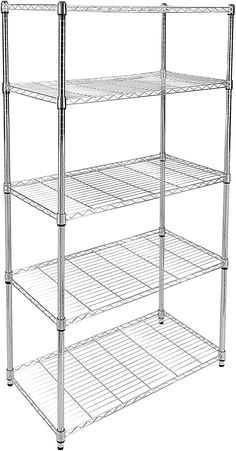 three tiered shelving unit with four shelves on each side and one shelf below