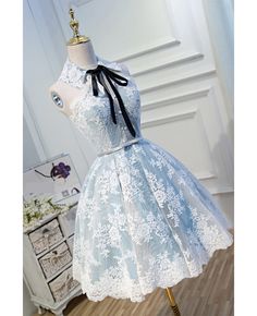 Get 10% off now! Buy lolita white lace short ballgown homecoming dress with collar sash at cheap price online. Free stable shipping and pro custom service since 2009. Halter Homecoming Dresses, Dresses Short Party, Halter Homecoming Dress, Baju Kahwin, Freshman Homecoming, Short Formal Dress, Mini Prom Dresses, Lace Neck, 파티 드레스