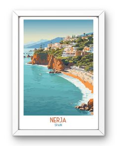 a painting of the beach in nerja spain with mountains and houses behind it