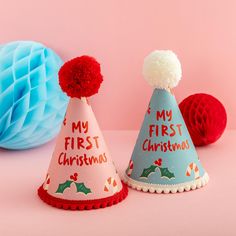 Add lots of fun and colour to baby's first Christmas with a handmade party hat, the perfect accessory! This colourful hat comes in either baby pink or blue, with 'My First Christmas' in red on the front. Make your hat unique to you by choosing the hat colour, trim colour and pom pom colour. Includes 1 party hat that measures approximately 12cm wide and 20cm tall. Christmas Party Hat, Christmas Party Hats, British Party, Colorful Hat, My First Christmas, Fancy Dress Accessories, Pink Or Blue, Family Celebrations, Party Plates