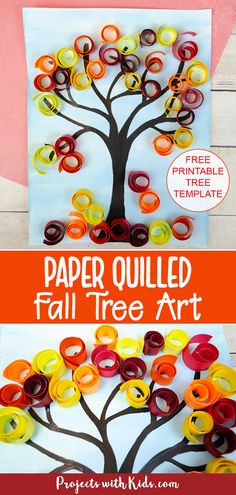 a paper quilled fall tree art project for kids to do with their hands and feet