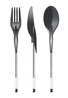 three forks, two spoons and one knife with tongs in different shapes on a white background