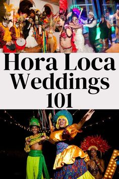 the front cover of hora loca wedding 101, featuring two women in colorful costumes