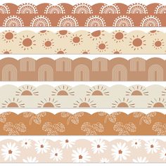 four different patterns with sun and clouds on them, all in shades of brown and beige