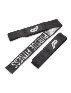 two black straps with white lettering on the side and one has an arrow in it