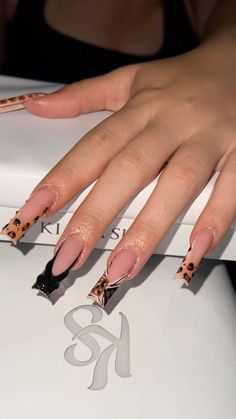 Frenchies With Design, Black And Cheetah Print Nails, Cheetah Acrylic Nails, Almond Acrylic Nails Designs, Cheetah Print Nails, Cheetah Nails, Spring Nail Designs, Glamour Nails, Colored Acrylic Nails