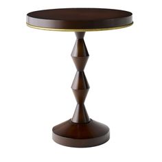 a wooden table with two gold trimmings on the top and an oval base