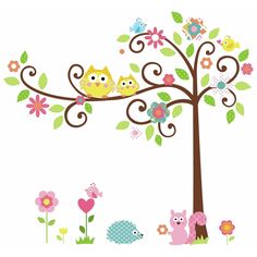 two owls sitting on the branch of a tree with flowers and birds around it, in front of a white background