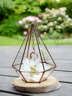 a glass terrarium with flowers inside on a wooden table outside in the sun light