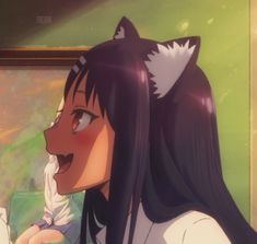 an anime character with long black hair eating food