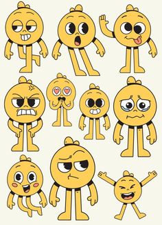 an image of cartoon characters with different expressions on their faces and body parts, all in yellow