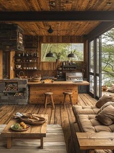 a living room filled with furniture next to a wooden floor covered in lots of windows